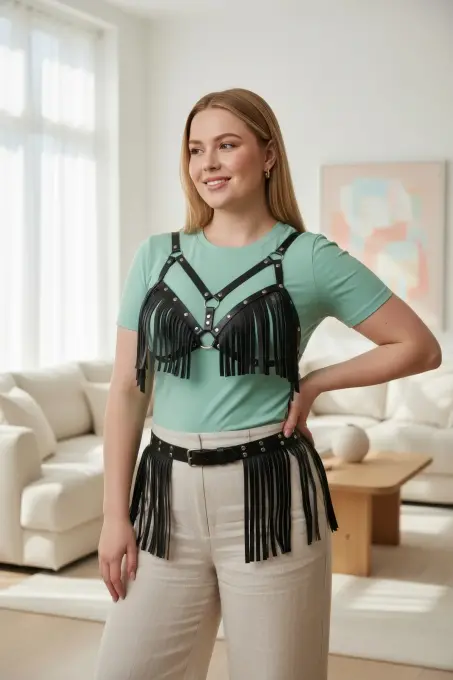 Büyük Beden Siyah Kadın Kemer Püskül Detaylı Deri Kombin Aksesuar - APFT440 - 2