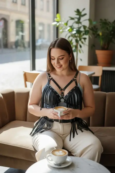 Büyük Beden Siyah Kadın Kemer Püskül Detaylı Deri Kombin Aksesuar - APFT440 - 3