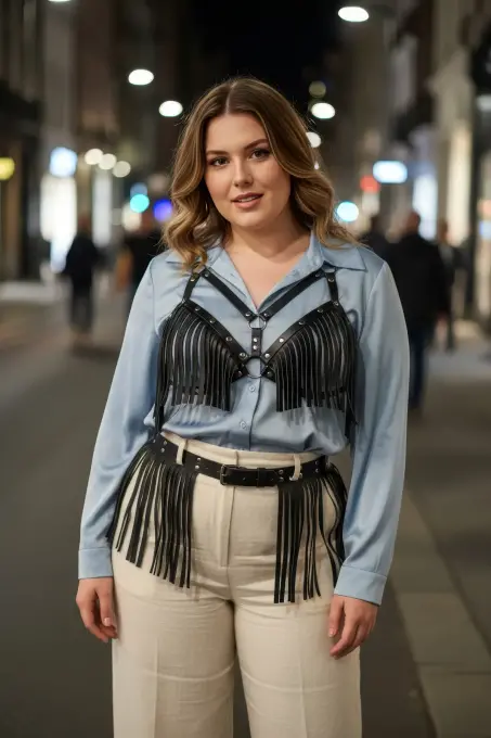 Büyük Beden Siyah Kadın Kemer Püskül Detaylı Deri Kombin Aksesuar - APFT440 - 5