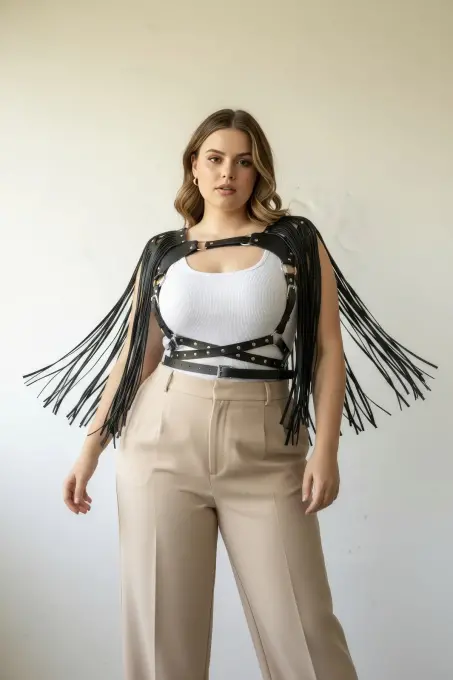 Büyük Beden Siyah Kadın Kemer Püskül Detaylı Deri Vücut Aksesuarı - APFT999 - 2