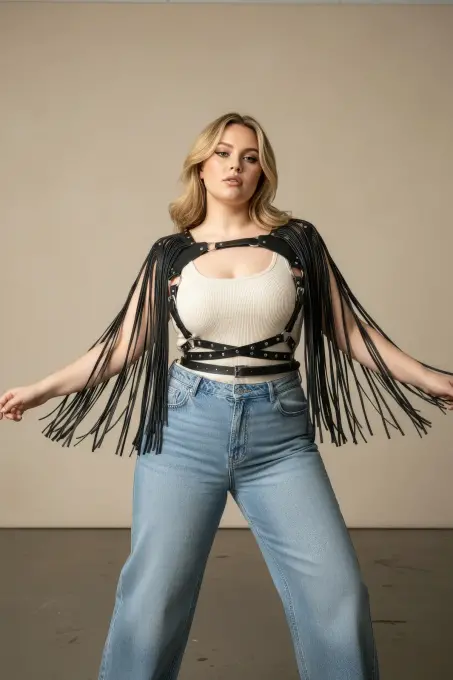 Büyük Beden Siyah Kadın Kemer Püskül Detaylı Deri Vücut Aksesuarı - APFT999 - 4