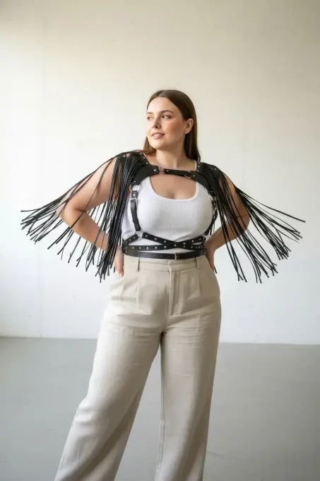 Büyük Beden Siyah Kadın Kemer Püskül Detaylı Deri Vücut Aksesuarı - APFT999 - 5