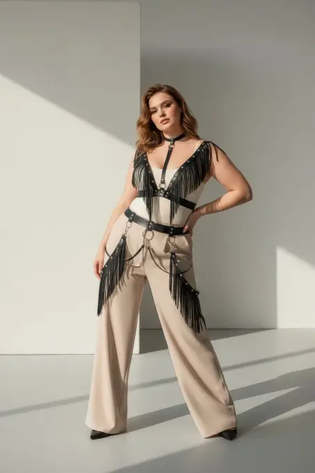 Büyük Beden Siyah Kadın Kemer Püsküllü Deri Harness Vücut Aksesuarı - APFT768 - 2