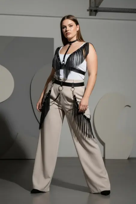 Büyük Beden Siyah Kadın Kemer Püsküllü Deri Harness Vücut Aksesuarı - APFT768 - 4