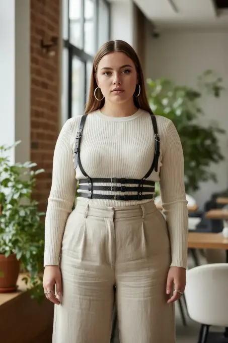 Büyük Beden Siyah Kadın Kemer Üç Bantlı Korse Tarzı Deri Harness - APFT178 - 1