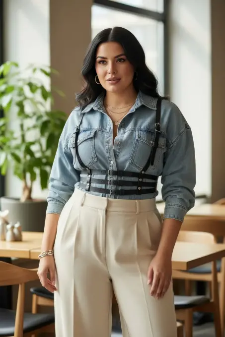 Büyük Beden Siyah Kadın Kemer Üç Bantlı Korse Tarzı Deri Harness - APFT178 - 2