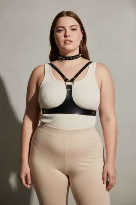 Büyük Beden Siyah Kadın Kemer Zımba Detaylı Deri Harness Vücut Aksesuarı - APFT1299 - 4