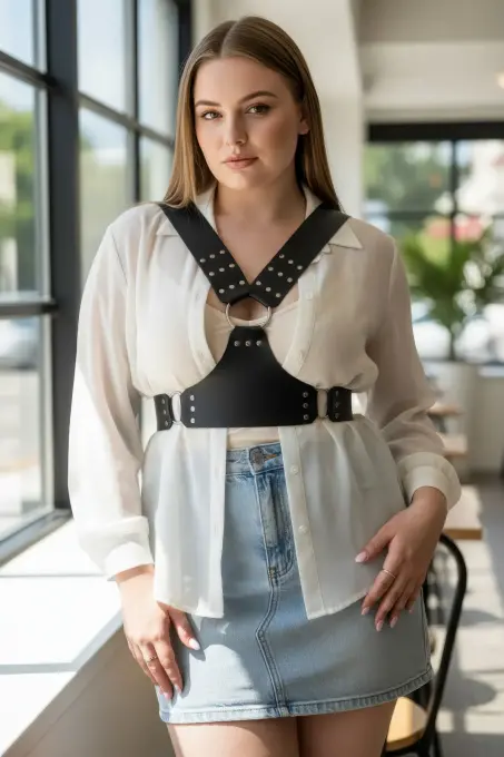 Büyük Beden Siyah Kadın Kemer Zımba Detaylı Vücut Kuşağı - APFT936 - 4