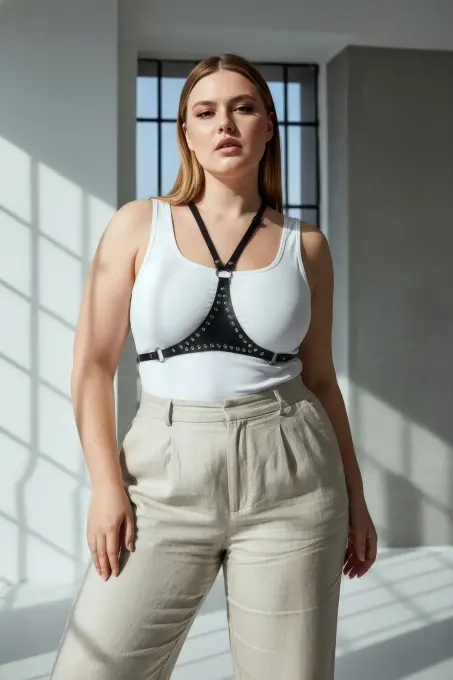 Büyük Beden Siyah Kadın Kemer Zımbalı Deri Vücut Harness Aksesuarı - APFT850 - 1