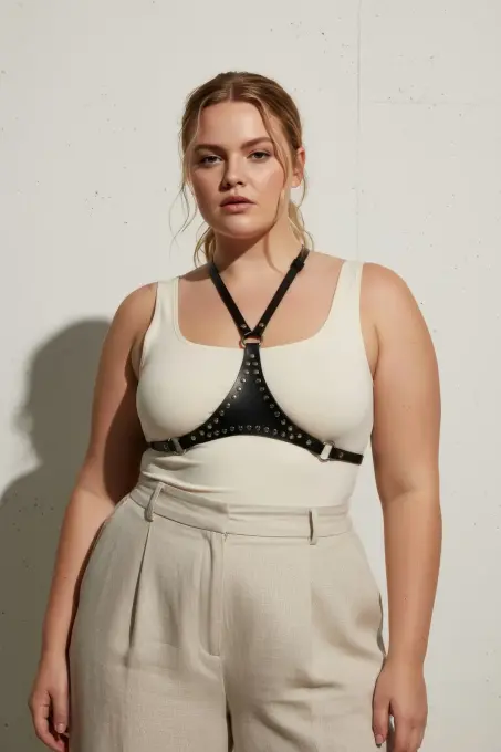 Büyük Beden Siyah Kadın Kemer Zımbalı Deri Vücut Harness Aksesuarı - APFT850 - 3