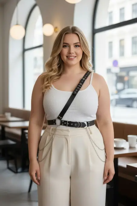 Büyük Beden Siyah Kadın Kemer Zincir Detaylı Body Harness Stil Vücut Aksesuarı - APFT813 - 1