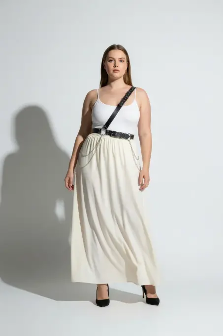 Büyük Beden Siyah Kadın Kemer Zincir Detaylı Body Harness Stil Vücut Aksesuarı - APFT813 - 4