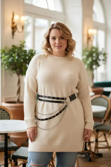 Büyük Beden Siyah Kadın Kemer Zincir Detaylı Çift Sıra Halkalı Kombin Kemeri - APFT586 - 1