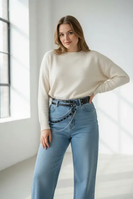 Büyük Beden Siyah Kadın Kemer Zincir Detaylı Çift Sıra Halkalı Kombin Kemeri - APFT586 - 2