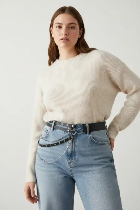 Büyük Beden Siyah Kadın Kemer Zincir Detaylı Çift Sıra Halkalı Kombin Kemeri - APFT586 - 3