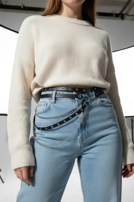 Büyük Beden Siyah Kadın Kemer Zincir Detaylı Çift Sıra Halkalı Kombin Kemeri - APFT586 - 5