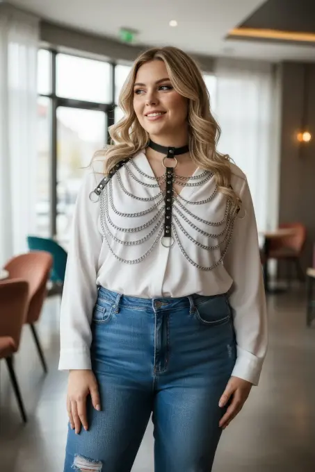 Büyük Beden Siyah Kadın Kemer Zincir Detaylı Deri Harness Vücut Aksesuarı - APFT401 - 1