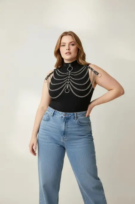 Büyük Beden Siyah Kadın Kemer Zincir Detaylı Deri Harness Vücut Aksesuarı - APFT401 - 2