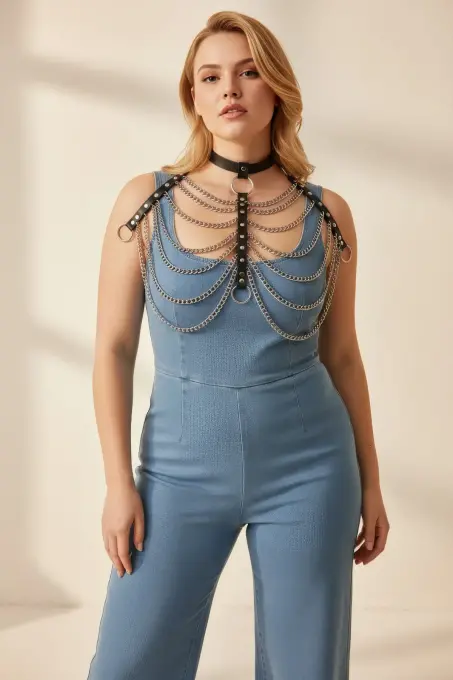 Büyük Beden Siyah Kadın Kemer Zincir Detaylı Deri Harness Vücut Aksesuarı - APFT401 - 3