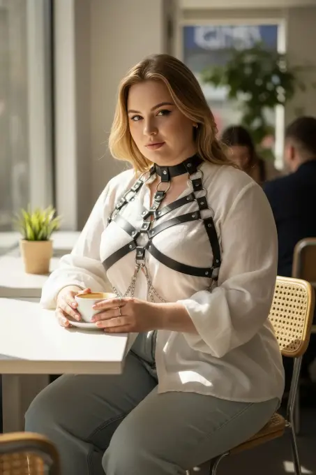 Büyük Beden Siyah Kadın Kemer Zincir Detaylı Deri Harness Vücut Aksesuarı - APFT517 - Angels Passion (1)