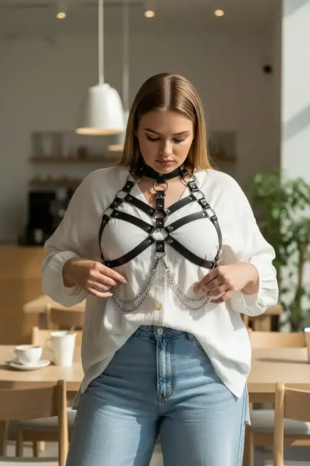 Büyük Beden Siyah Kadın Kemer Zincir Detaylı Deri Harness Vücut Aksesuarı - APFT517 - 4