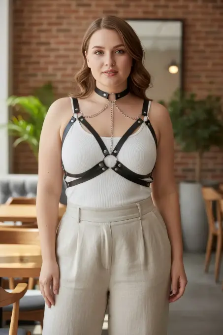 Büyük Beden Siyah Kadın Kemer Zincir Detaylı Deri Harness Vücut Aksesuarı - APFT797 - 1