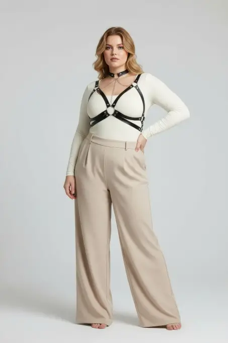 Büyük Beden Siyah Kadın Kemer Zincir Detaylı Deri Harness Vücut Aksesuarı - APFT797 - 2