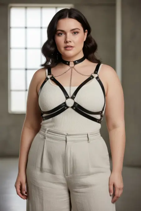 Büyük Beden Siyah Kadın Kemer Zincir Detaylı Deri Harness Vücut Aksesuarı - APFT797 - 3
