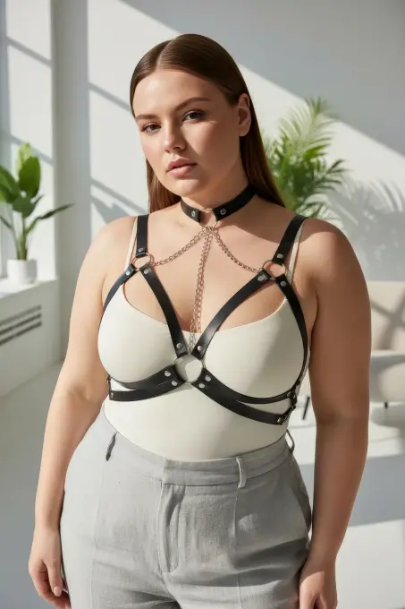 Büyük Beden Siyah Kadın Kemer Zincir Detaylı Deri Harness Vücut Aksesuarı - APFT797 - 5