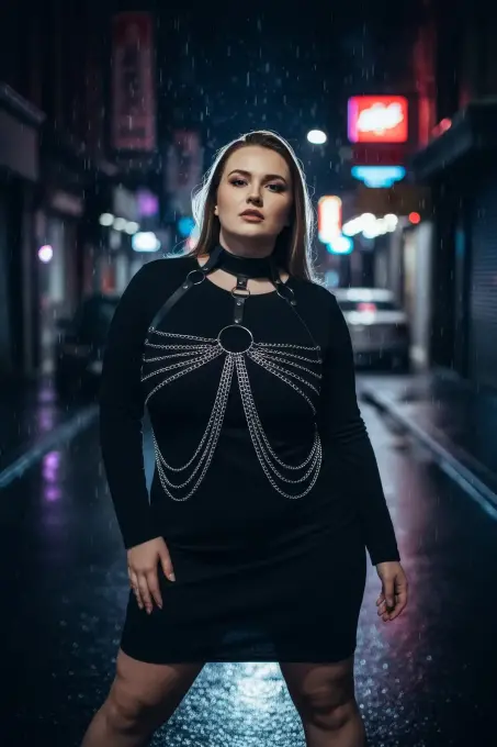 Büyük Beden Siyah Kadın Kemer Zincir Detaylı Deri Vücut Aksesuarı - APFT463 - 1