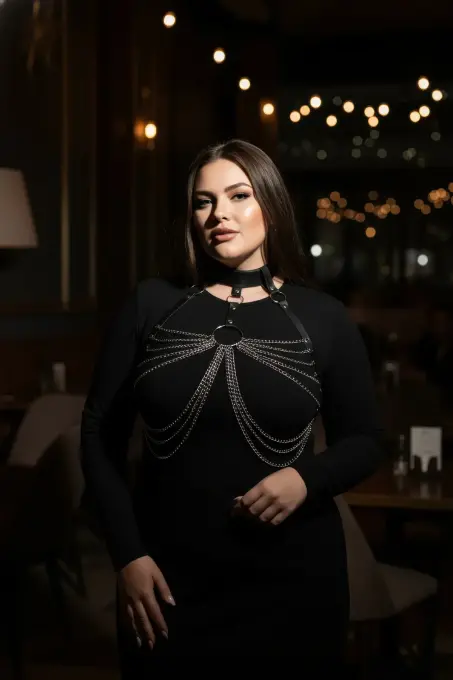 Büyük Beden Siyah Kadın Kemer Zincir Detaylı Deri Vücut Aksesuarı - APFT463 - 2