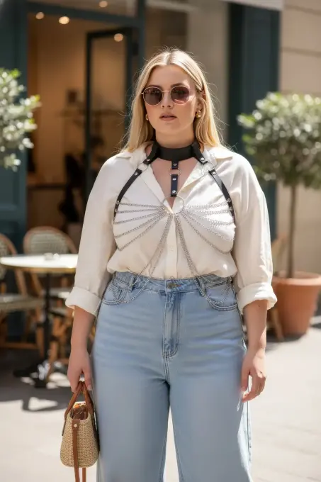 Büyük Beden Siyah Kadın Kemer Zincir Detaylı Deri Vücut Aksesuarı - APFT463 - 3