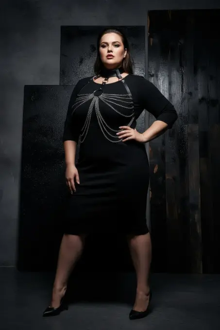 Büyük Beden Siyah Kadın Kemer Zincir Detaylı Deri Vücut Aksesuarı - APFT463 - 4