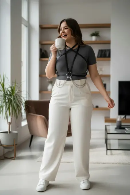 Büyük Beden Siyah Kadın Kemer Zincir Detaylı Deri Vücut Aksesuarı - APFT52 - 2