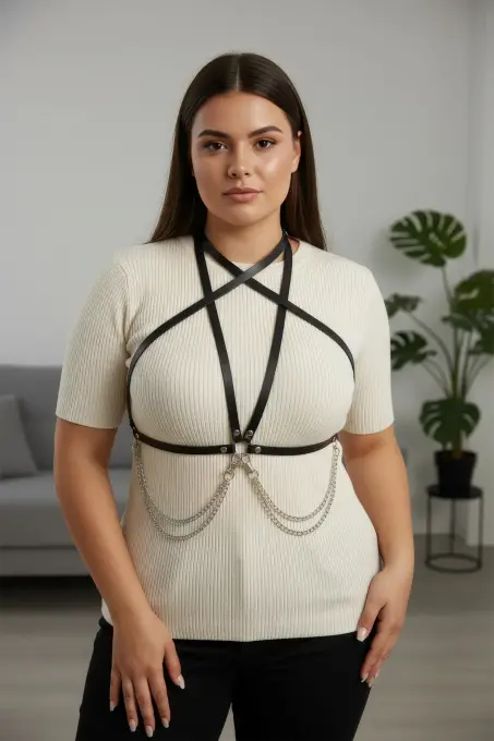 Büyük Beden Siyah Kadın Kemer Zincir Detaylı Deri Vücut Aksesuarı - APFT52 - 3