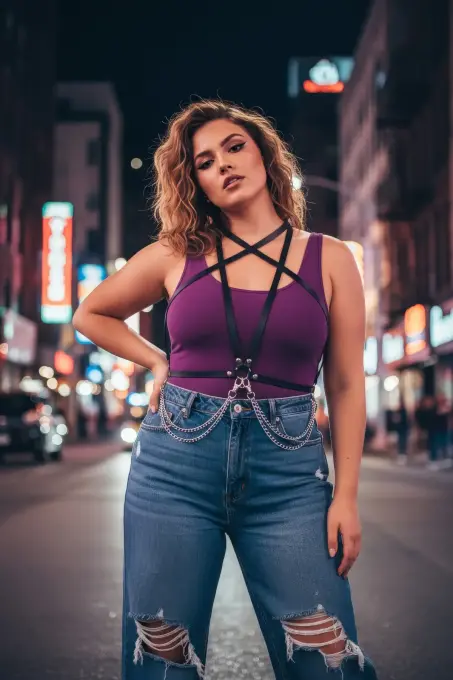 Büyük Beden Siyah Kadın Kemer Zincir Detaylı Deri Vücut Aksesuarı - APFT52 - 4