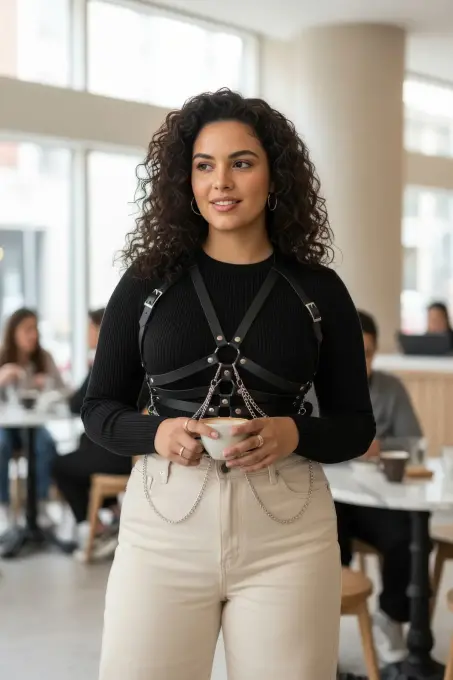 Büyük Beden Siyah Kadın Kemer Zincir Detaylı Korse Tarzı Vücut Aksesuarı - APFT9 - 2