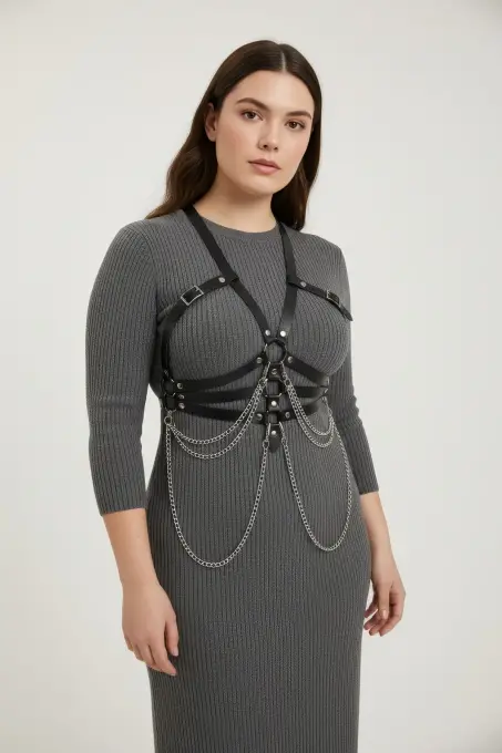 Büyük Beden Siyah Kadın Kemer Zincir Detaylı Korse Tarzı Vücut Aksesuarı - APFT9 - 3