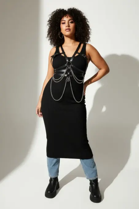 Büyük Beden Siyah Kadın Kemer Zincir Detaylı Korse Tarzı Vücut Aksesuarı - APFT9 - 4