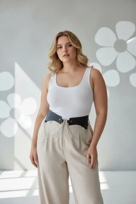 Büyük Beden Siyah Kadın Kemer Zincir Detaylı Korse Tasarım - APFT1121 - 2