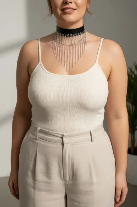 Büyük Beden Siyah Kadın Kemer Zincir Detaylı Maksimalist Tasarım - APFT629 - 3