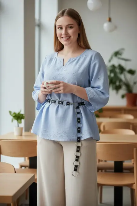 Büyük Beden Siyah Kadın Kemer Zincir Halka Detaylı Elbise ve Gömlek Kombin Tamamlayıcı - APFT427 - 1