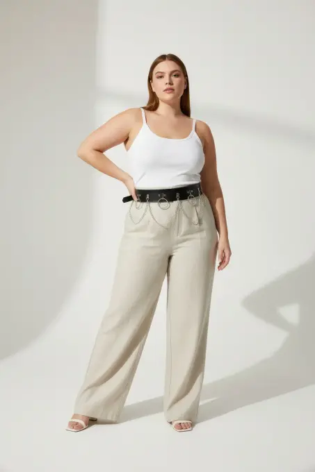 Büyük Beden Siyah Kadın Kemer Zincir ve Halka Detaylı Deri Görünümlü - APFT639 - 1