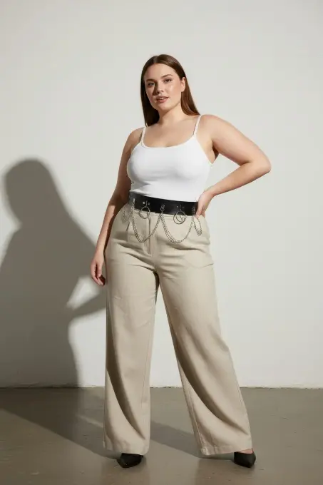 Büyük Beden Siyah Kadın Kemer Zincir ve Halka Detaylı Deri Görünümlü - APFT639 - 2