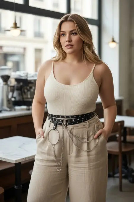 Büyük Beden Siyah Kadın Kemer Zincir ve Halka Detaylı Kombin Tamamlayıcı - APFT731 - 1