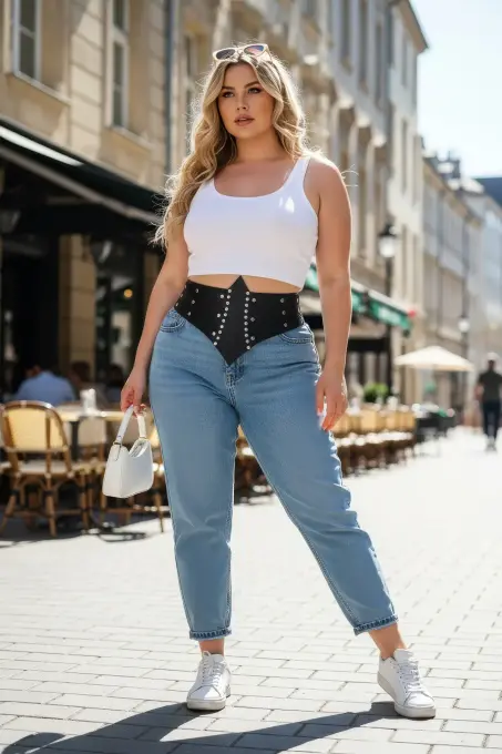 Büyük Beden Siyah Kadın Korse Kemer, Geniş ve Kuşgözü Detaylı - APFT905 - 3