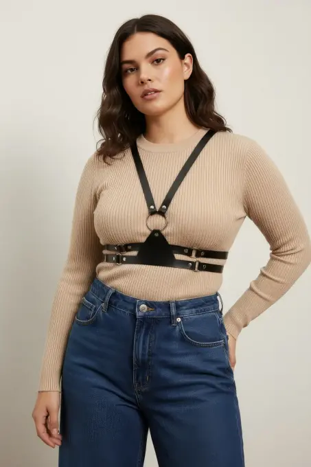 Büyük Beden Siyah Kadın Korse Kemer Omuz Askılı Deri Kombin Tamamlayıcı - APFT20 - 3