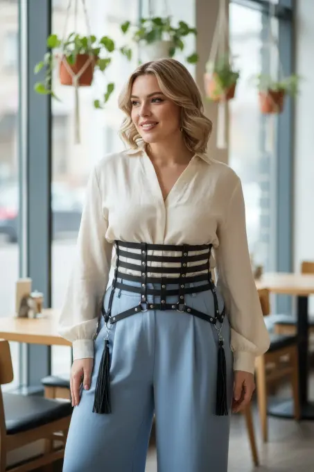 Büyük Beden Siyah Kadın Korse Kemer Püskül ve Zincir Detaylı Deri - APFT408 - 1