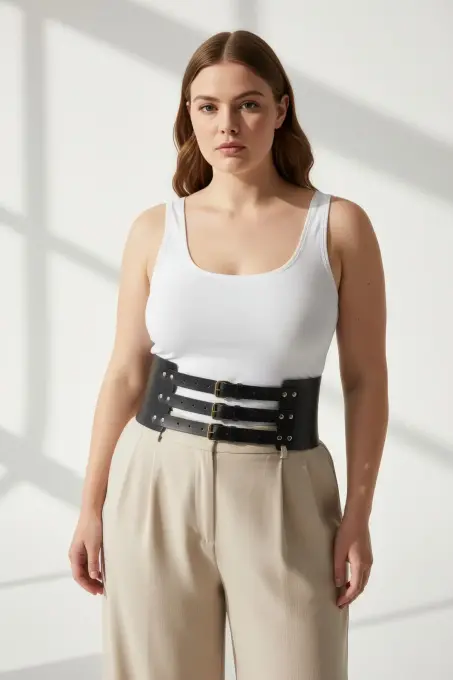 Büyük Beden Siyah Kadın Korse Kemer Üç Tokalı Geniş Bel Şekillendirici - APFT624 - 5