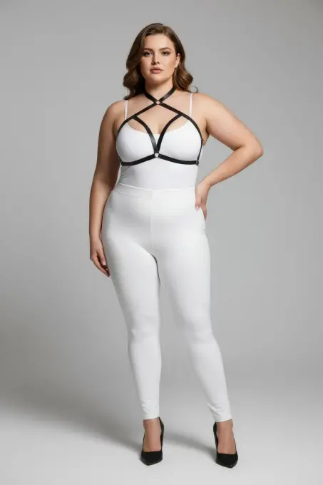 Büyük Beden Siyah Kadın Lastik Harness Takım Çapraz Askılı Sütyen Aksesuarı - APFT100 - 2